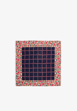 Square scarf featuring a navy grid design bordered by a floral pattern in red, green, and gold on a cream background. Smooth texture.