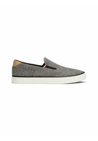 Gray slip-on shoe with a textured fabric upper, white rubber sole, and light brown heel accent. Features elastic side panels for ease of wear.