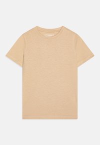 Tricou din bumbac bej cu guler clasic, mâneci scurte și o textură moale și netedă. Fabricat dintr-un material ușor, cu un design simplu.