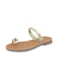 Sandalo piatto dorato con una sola fascia e un accento a forma di farfalla sull'alluce. Caratterizzato da una tomaia in pelle liscia e una soletta imbottita color marrone.