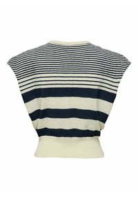 Top lavorato a maglia con strisce orizzontali blu navy e crema, un ampio scollo rotondo e maniche corte a palloncino con vita arricciata.