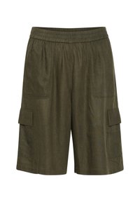 Shorts cargo olive longueur genou avec taille élastique et poches à rabat de chaque côté.