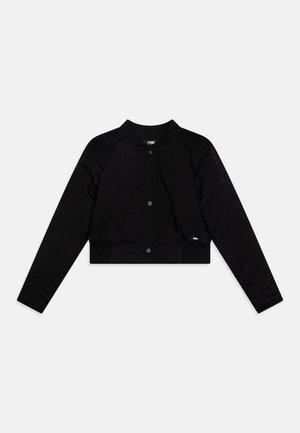 Veste bomber noire matelassée avec des manches longues, des poignets et un ourlet côtelés, dotée d'une fermeture à bouton-pression et d'un logo discret.