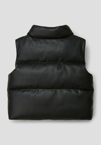 Black padded vest with a high collar, made of faux leather. Smooth texture with horizontal stitching for a quilted appearance.