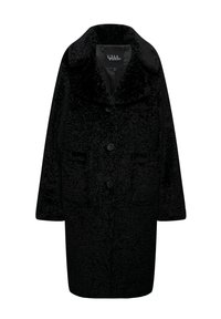 Abrigo negro, de gran tamaño, hecho de tejido de felpa, con cuello extendido, cuatro botones en la parte delantera y dos bolsillos de parche en la parte frontal.