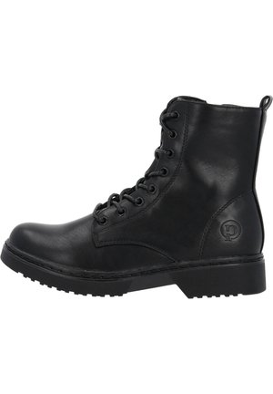 Black leather ankle boot with round toe, lace-up front, and textured sole. Features a small logo on the side for detail.