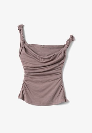 Mouwloze mauve top met gedraaide bandjes en gerimpelde zijkanten, met een gedrapeerde halslijn en aansluitende silhouet.