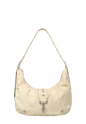 Beige Lederschultertasche mit einem einzelnen Riemen, Frontklappe verziert mit drei metallischen Sternnieten und einem Schnappverschluss.