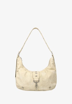 Beige skuldertaske i læder med en enkelt rem, frontklaffen prydet med tre metalstjernestifter og en lukning med spænde.