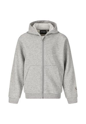 Lysegrå hættetrøje med lynlås, frontlommer, ribkanter ved ærmer og kant, og fastsyet hætte, mærke på venstre ærmekant.