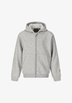 Vaaleanharmaa vetoketjullinen huppari, jossa on etutaskut, resorireunukset hihansuissa ja helmassa sekä kiinnitetty huppu, vasemman hihansuun merkitty brändilappu.