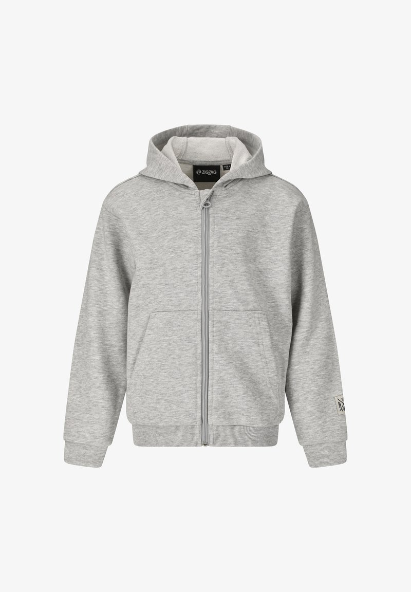 Sweat à capuche gris clair zippé avec poches avant, poignets et ourlet côtelés, capuche attachée, étiquette de marque sur le poignet de la manche gauche.