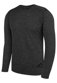 Langarmshirt in Dunkelgrau, aus weichem, strukturiertem Stoff. Mit Rundhalsausschnitt und einem dezenten Logo im unteren Vorderbereich.