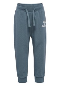 Blauwe katoenen joggers met een elastische tailleband en verstelbaar trekkoord. Manchetten bij de enkels en een klein wit logo aan de voorkant.