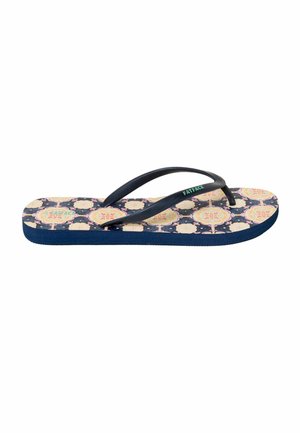 Flip-flop sandal with navy blue patterned sole featuring light pink and orange designs, and black straps labeled "FATFACE" in green text.