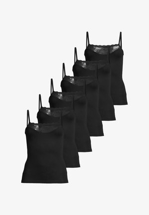 Six débardeurs noirs pour femmes avec encolures bordées de dentelle et fines bretelles, disposés en rangée décalée sur un fond blanc.