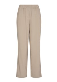 Beige wide-leg trousers with an elastic waistband, made of smooth fabric. Features a simple design with no visible patterns or hardware.