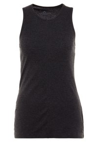 Tumma harmaa hihaton paita, joka on valmistettu ribbatusta kankaasta. Siinä on pyöreä kaula-aukko ja vartalonmyötäinen leikkaus, mikä tekee siitä sopivan käytettäväksi niin rentoon kuin urheilulliseenkin tilaisuuteen.