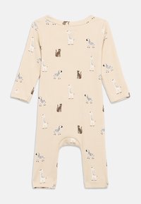 Μπεζ ριγωτό μπονσε πουά με μακριά μανίκια και στρογγυλή λαιμόκοψη, διακοσμημένο με τυπωμένα σχέδια ζώων σε καφέ και λευκό, όπως γάτες, σκύλους και καμηλοπαρδάλεις.