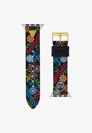 Bracelet de montre en silicone noir avec un motif floral coloré, mettant en avant un accent de crâne. Boucle en métal doré et détails en matériel argenté.