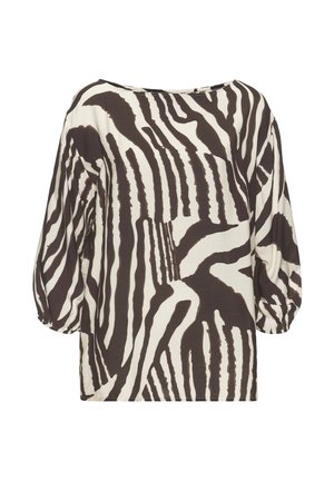 Loszittende blouse met zwart-witte zebraprint, voorzien van driekwart mouwen met pofeffect en een boothals.