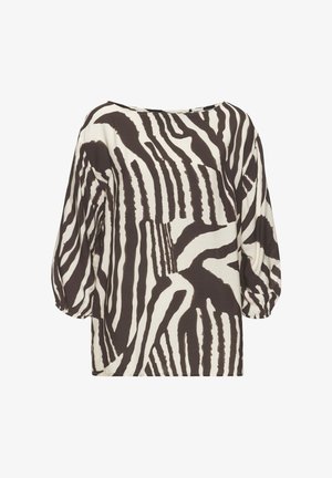 Weit geschnittene Bluse mit schwarz-weißen Zebrastrahlen, ausgestattet mit dreiviertellangen, aufgeblähten Ärmeln und einem U-Boot-Ausschnitt.