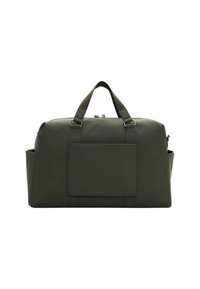 Donkergroene rechthoekige sporttas met twee korte handvatten, een voorkantzak en zijzakken, geplaatst tegen een witte achtergrond.