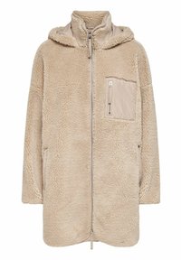 Beige fleece jack met capuchon, voorrits en een gestructureerd oppervlak. Heeft een contrasterende gladde stoffen zak op de linkerkant van de borst.