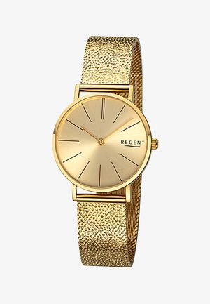 Montre en or avec un bracelet en maille texturé et un cadran rond. Présente un design minimaliste avec des index horaires allongés et un logo.