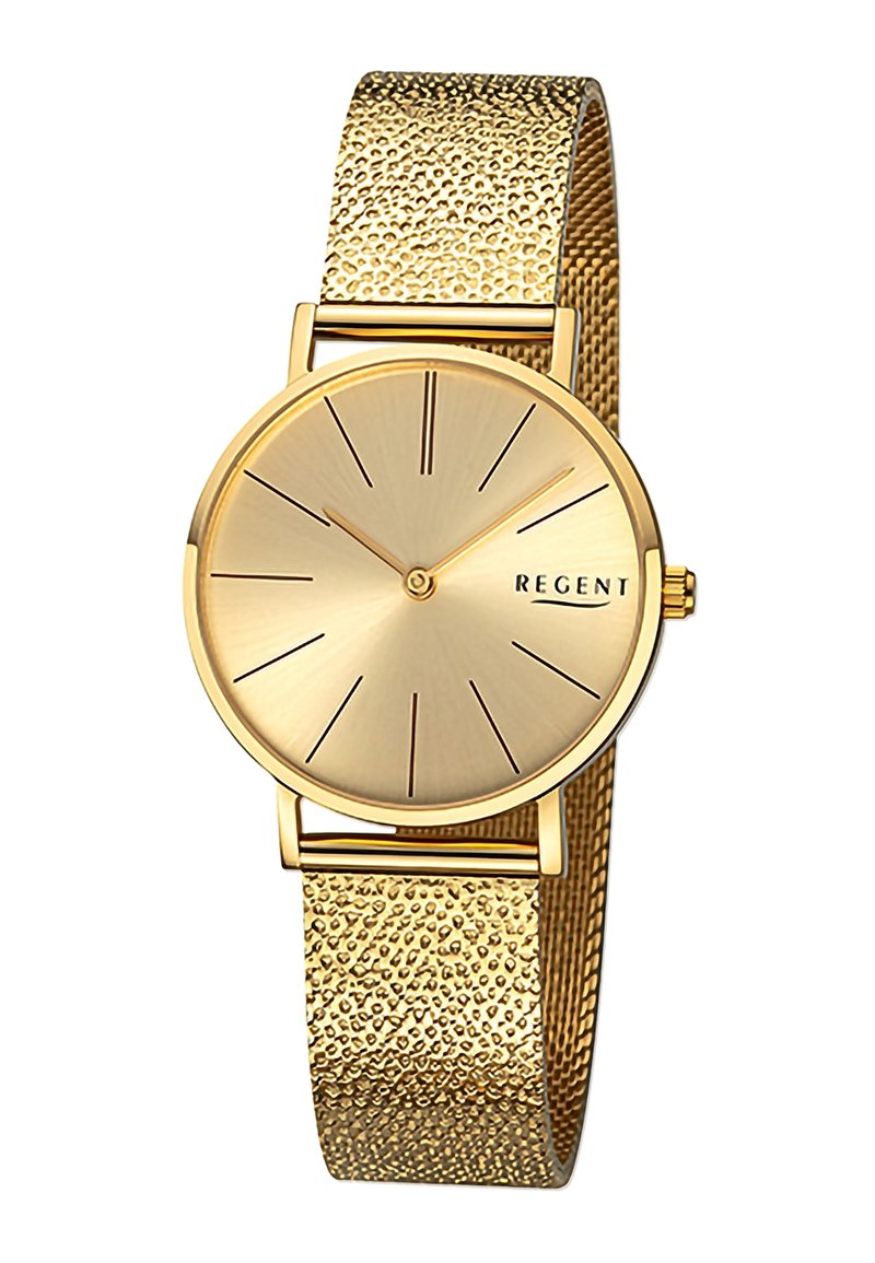 Montre en or avec un bracelet en maille texturé et un cadran rond. Présente un design minimaliste avec des index horaires allongés et un logo.