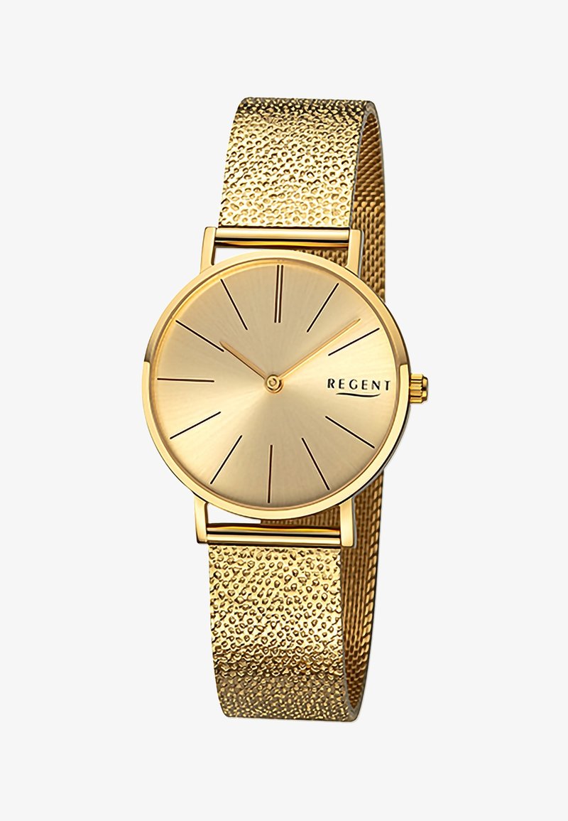 Montre en or avec un bracelet en maille texturé et un cadran rond. Présente un design minimaliste avec des index horaires allongés et un logo.