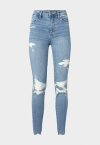 Světle modré džíny s vysokým pasem a opotřebovaný vzhled na kolenou, s přiléhavým střihem a klasickým pětikapsovým stylem.