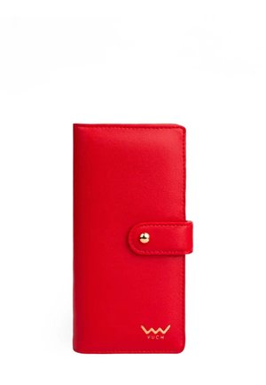 Red leather wallet with a smooth texture, featuring a rounded gold snap fastener and embossed logo at the bottom right corner.