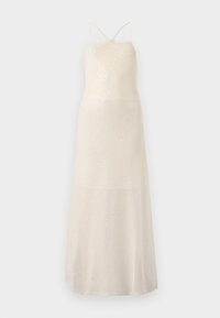 Robe longue crème avec un motif de sequins, dotée de fines bretelles et d'un corsage ajusté qui s'évase en une jupe fluide, texture lisse.