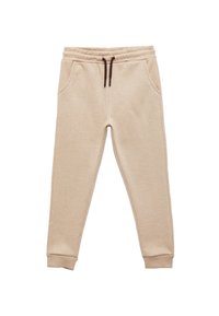 Beige sweatpants lavet af blødt stof, med en elastisk talje og en brun snor samt sidelommer. Stramme manchetter ved anklerne.