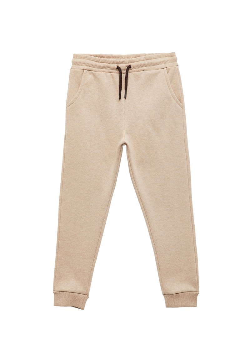 Beige sweatpants lavet af blødt stof, med en elastisk talje og en brun snor samt sidelommer. Stramme manchetter ved anklerne.