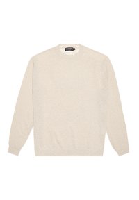 Krämfärgad tröja gjord av mjukt, texturerat material. Har långa ärmar, rund hals och ribbade muddar och fåll. Enkelt design.