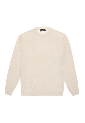 Cremfarbener Pullover aus weichem, strukturiertem Material. Verfügt über lange Ärmel, einen runden Hals und gerippte Bündchen sowie Saum. Schlichtes Design.