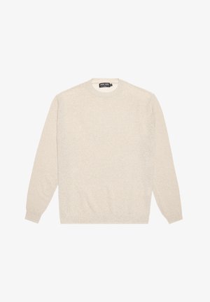 Maglione color crema realizzato in materiale morbido e testurizzato. Presenta maniche lunghe, collo rotondo e polsini e orlo a coste. Design semplice.