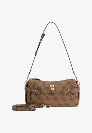 Sac à main en tissu marron avec logo à motif, quincaillerie dorée, fermeture éclair, sangle ajustable et profil mince. Orné d'un détail à boucle.