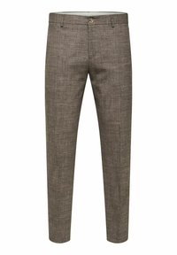 Pantalons en lin marron avec une finition texturée, coupe slim, fermeture à bouton et poches, adaptés pour un usage décontracté ou formel.