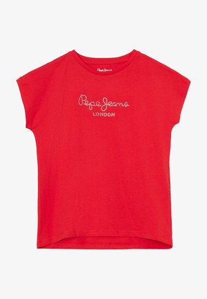 Czerwona koszulka z krótkim rękawem wykonana z miękkiej bawełny, z okrągłym dekoltem i logo "Pepe Jeans London" wyszytym kryształkami z przodu.