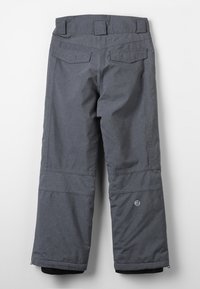 Graue Schneeanzughosen mit gerader Passform, sichtbaren Nähten, zwei Gesäßtaschen und elastischem Bund. Mit einem Logo nahe dem Saum.