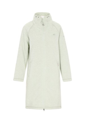 Svetlozeleni dolg flis jakna z visokim ovratnikom, polnim sprednjim zadrgo, dvema stranskima žepoma in vrvico za zategovanje na ovratniku.