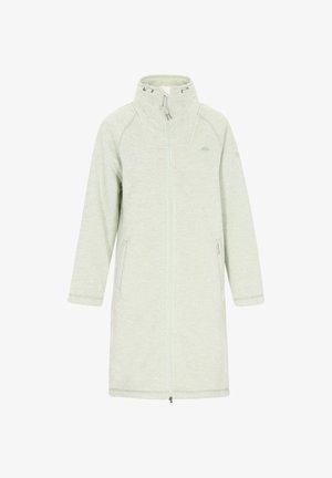 Világoszöld, hosszú, bolyhos dzseki magas gallérral, teljes elülső cipzárral, két oldalsó zsebbel és zsinóros részletekkel a galléron.