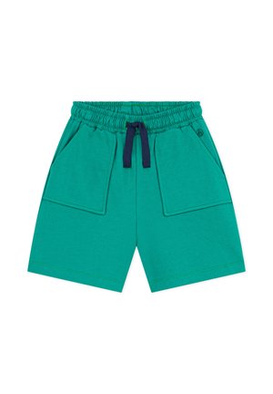 Grüne Baumwollshorts mit elastischem Bund, marineblauem Kordelzug und zwei flach gestalteten Vordertaschen.