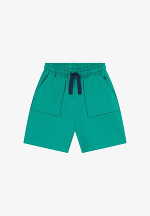 Shorts en coton verts avec une ceinture élastique, un cordon de serrage bleu marine et deux poches avant au design plat.