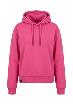 Helles pinkes Kapuzensweatshirt mit langen Ärmeln, vorderen Kordeln, gerippten Bündchen und geripptem Saum vor weißem Hintergrund.