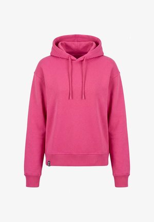 Helles pinkes Kapuzensweatshirt mit langen Ärmeln, vorderen Kordeln, gerippten Bündchen und geripptem Saum vor weißem Hintergrund.