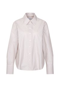 Chemise blanche à manches longues avec fines rayures verticales grises et col pointu, présentée sur fond blanc.